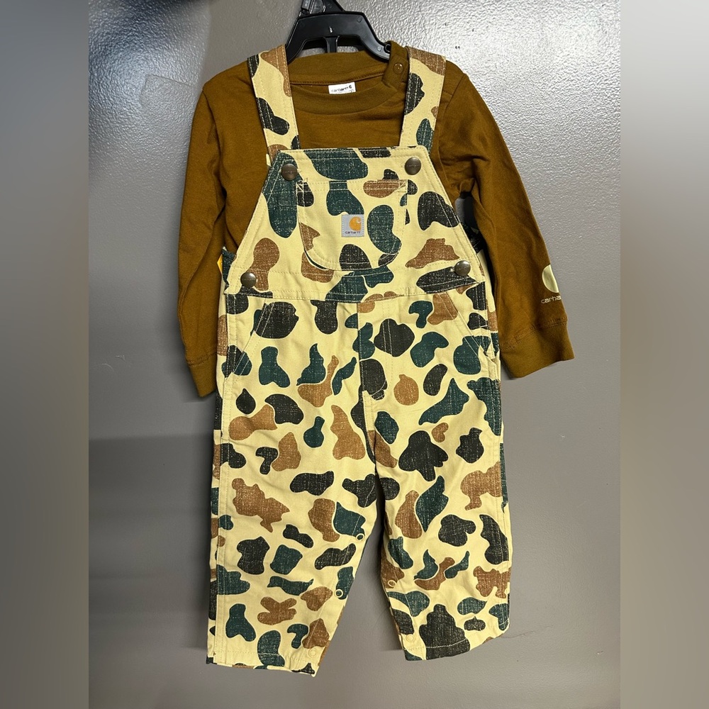 Carhartt 18M Toddler Camo Overalls with Brown Carhartt Long Sleeve Onesie
